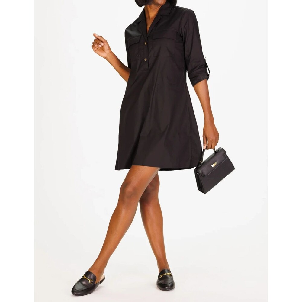 Duffield Lane Carson Dress in Black Stretch Poplin Roll Tab Sleeves Size M